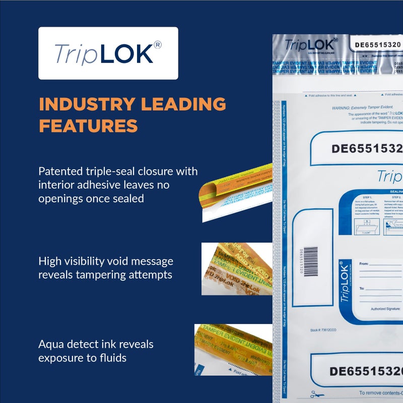ControlTek TripLok 9" x 12", White with Pocket, 100 Bags, Tamper-Evident Deposit Bags for Cash Handling & Valuables, Moisture, Heat and Cold Sensitive Ink, Tear-Off Receipt + Large Barcodes 585036 - Image 2